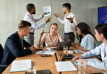 Workplace Conflicts. Stressed Group Of Business People Having Disagreements During Corporate Meeting - obrazy, fototapety, plakaty