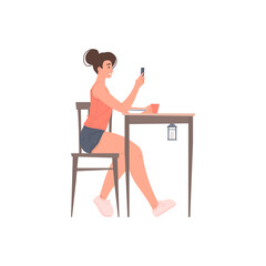 Young smiling woman chatting use smartphone at home table having breakfast, lunch or dinner vector