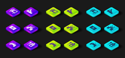 Set Gamepad, Ice cream in bowl, Ticket, Castle, Water slide and Amusement park billboard icon. Vector