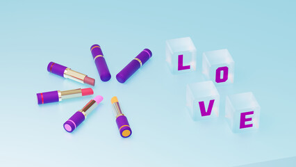 口紅とLOVEの文字のガラスキューブ　3DCG　コスメティックス　ポスター　背景
