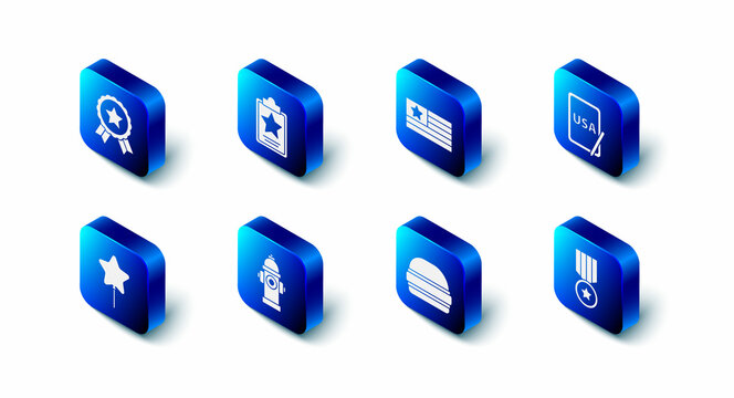 Set USA Independence day, American flag, on graphic tablet, Medal with star, Burger, Fire hydrant, Balloon and icon. Vector