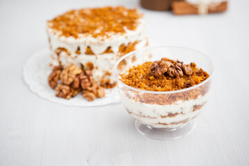 portioned homemade cake dessert with honey and walnuts