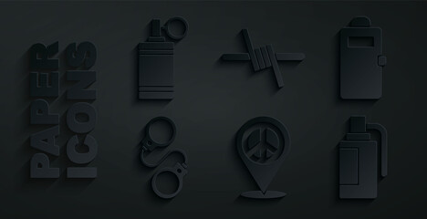 Set Location peace, Police assault shield, Handcuffs, grenade, Barbed wire and icon. Vector