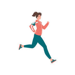 Fototapeta na wymiar Happy sports woman enjoying outdoor running listening music in earphones vector flat illustration