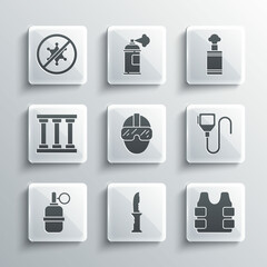 Set Military knife, Bulletproof vest, Walkie talkie, Special forces soldier, Hand grenade, Prison window, Protest and icon. Vector