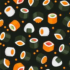 Seamless Sushi Roll Pattern on Black Background. Vector