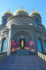 On the eastern apse of the Main Church of the Armed Forces of Russia there is a unique icon-the fold of the Resurrection of Christ. By Dashi Namdakov. Moscow, Russia, 10.09.2021.