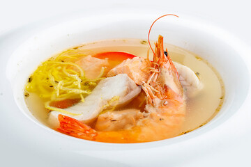Fish soup with salmon, perch and king prawns.
