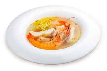 Fish soup with salmon, perch and king prawns.