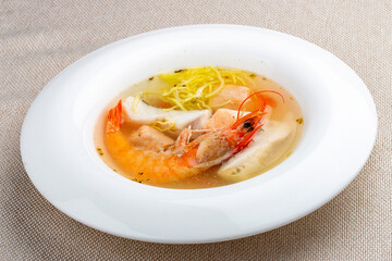 Fish soup with salmon, perch and king prawns.