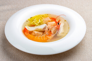Fish soup with salmon, perch and king prawns.