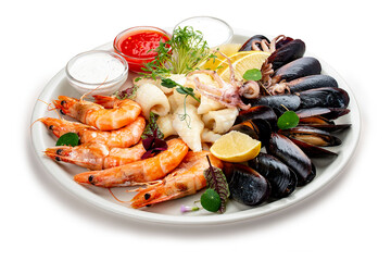 Platter with a variety of fresh seafood and sauces. Octopus, caltmar, mussels, shrimp, scallop.