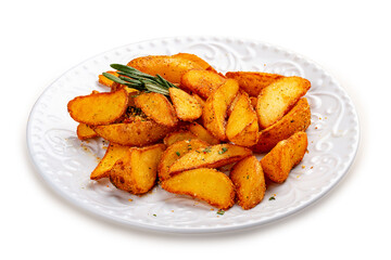 Sliced fried potatoes, Creole-style with spices. On a white plate.
