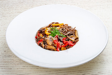 Soba, buckwheat noodles with roasted vegetables WOK.