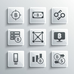 Set Pie chart infographic bitcoin, Cryptocurrency exchange, Bitcoin, Blockchain technology, USB flash drive, Server, the target and key icon. Vector