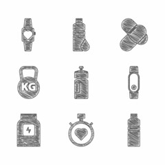 Set Fitness shaker, Heart in the center stopwatch, Smartwatch, Sports nutrition, Kettlebell, and icon. Vector