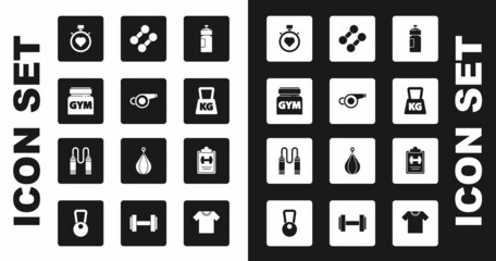 Set Fitness shaker, Whistle, Sports nutrition, Heart in the center stopwatch, Weight, Dumbbell, training program and Jump rope icon. Vector