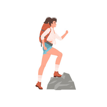 Active smiling woman hiker with backpack climbing on cliff rock vector flat illustration