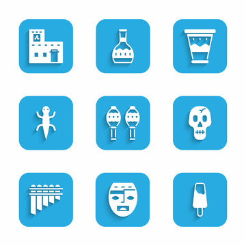 Set Maracas, Aztec mask, Popsicle ice cream, Skull, Pan flute, Lizard, Mexican drum and house icon. Vector