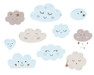 Baby clouds icin set. Sleeping cloud collection. Smiling clouds elements isolated on white. Cute nursery sleepy design. Childish logo set. Nursery sweet dream vector illustration.