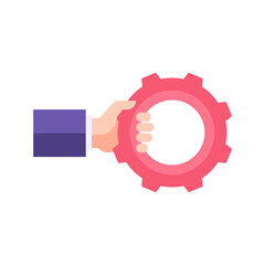 Male business hand holding gear cog wheel vector flat illustration. Man boss arm carrying cogwheel