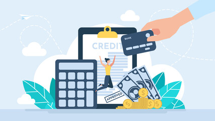 Successful loan approval. Happy woman receives a credit card.  Lending metaphor. Mortgage or credit form with stamp approved. Bank service abstract concept. Credit rating. Flat vector illustration.