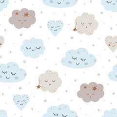 Baby clouds pattern. Nursery dream seamless pattern. Smiling clouds stars Light blue kids sky background. Cute vector design with smiling, sleeping clouds. Baby illustration.