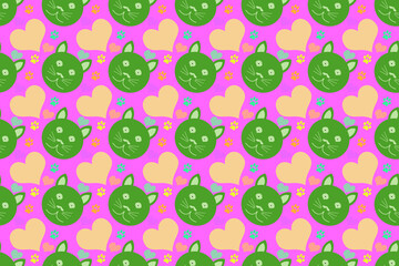 Seamless cute cat face pattern, for wallpaper, gift wrap, pink background.