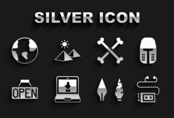 Set Online museum, Medieval iron helmet, Museum audio guide, Stone age arrow head, Hanging sign with Open, Crossed human bones, Earth globe and Egypt pyramids icon. Vector