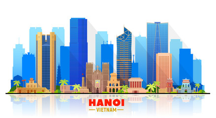 Fototapeta premium Hanoi ( Vietnam ) skyline with panorama in white background. Vector Illustration. Business travel and tourism concept with modern buildings. Image for presentation, banner, website.