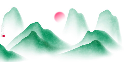 Vector illustration of a landscape painting in Chinese ink on antique paper with a beautiful design.