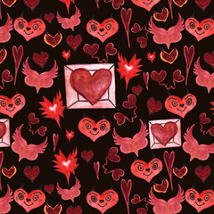 watercolor pattern of red devilish hearts, on a dark background, valentines for your postcard design