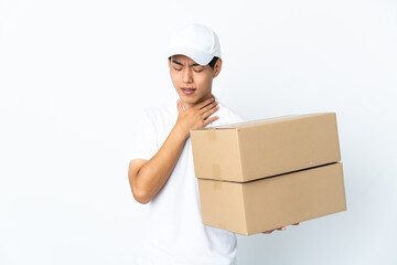 Delivery Chinese man isolated on white background coughing a lot