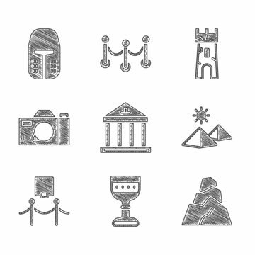 Set Museum building, Medieval goblet, Rock stones, Egypt pyramids, Picture and rope barrier, Photo camera, Castle tower and iron helmet icon. Vector