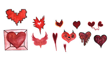 watercolor set of velvet red hearts with devil horns on a white background