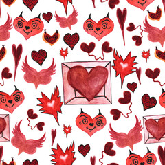 watercolor pattern red hearts devil horns, valentines for your design on a white background