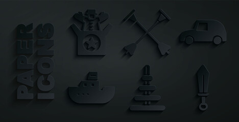 Fototapeta premium Set Pyramid toy, Toy car, boat, Sword, Arrow with sucker tip and Jack in the box icon. Vector