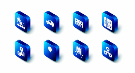 Set Toy car, piano, Tic tac toe game, Fidget spinner, Chalkboard, Balloons with ribbon, ABC blocks and Roller skate icon. Vector