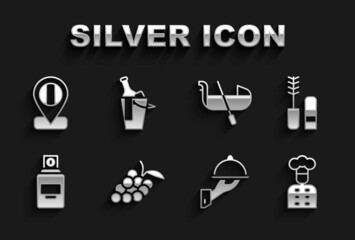 Set Grape fruit, Mascara brush, Italian cook, Covered with tray of food, Perfume, Gondola, Location flag Italy and Bottle wine in bucket icon. Vector