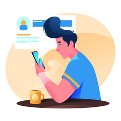 Young guy communicates online. Dating site profile. Isolation, distance.