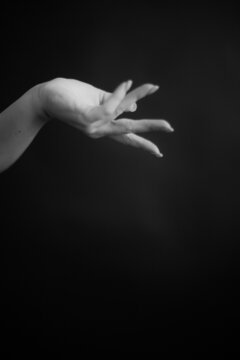 Close-up of women's hands. A black and white frame with a slight blur and defocus on the image. Details of body, fashion and art