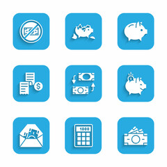 Set Money exchange, Calculator, Stacks paper money cash, Piggy bank with coin, Envelope dollar symbol, Paper financial check, and No icon. Vector