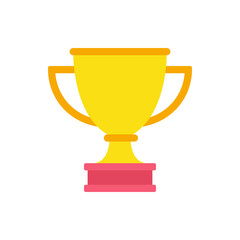 Glossy golden cup champion achievement with handles on red pedestal vector flat illustration
