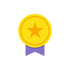 Golden circle medal with star and ribbon vector flat illustration. Success badge best award victory