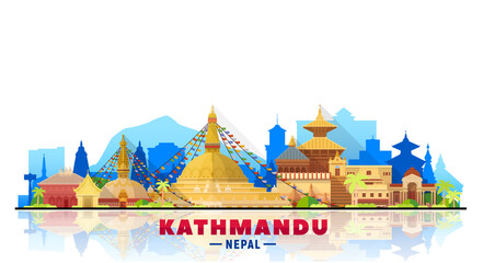 Kathmandu Nepal skyline with panorama in white background. Vector Illustration. Business travel and tourism concept with modern buildings. Image for banner or website.
