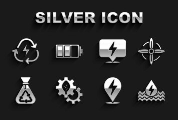 Set Leaf plant in gear machine, Wind turbine, Water energy, Lightning bolt, Garbage bag with recycle, Battery and icon. Vector