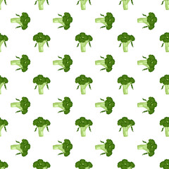 Green pattern with broccoli.Print of vegetable on white background. Food for a healthy diet. Natural product suitable for vegetarians. Vector flat illustration