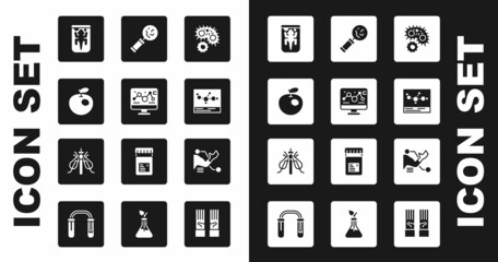 Set Virus, Genetic engineering modification, Genetically modified apple, Experimental animal, Chemical formula, Microorganisms under magnifier, Prosthesis hand and insect icon. Vector