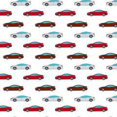 Car  seamless pattern with red, ash, and orange cars, available, searching of car. Vector illustration for banner, web page, print media.
