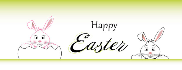 Osterkarte mit zwei einfach gezeichneten Hasen und Schriftzug Happy Easter. - obrazy, fototapety, plakaty